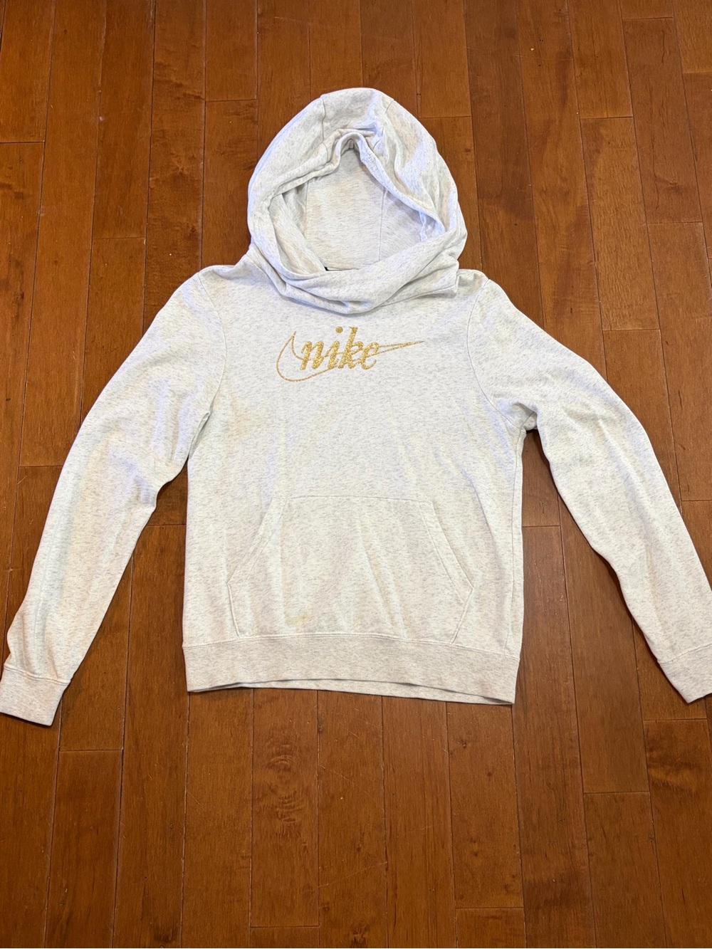 Nike Women's Light Gray Hoodie Sweatshirt with Gold Logo